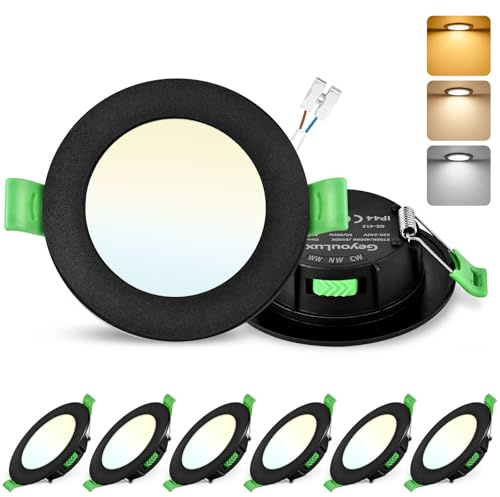 GeyouLux Pack 6 Downlight LED Techo Empotrable, 8W IP44 Ultrafino Spot Encastrable Corte 75-90mm, 2700K/4000K/6500K Focos LED Interior Techo, Negro Regulable 10-100% Ojos de Buey LED