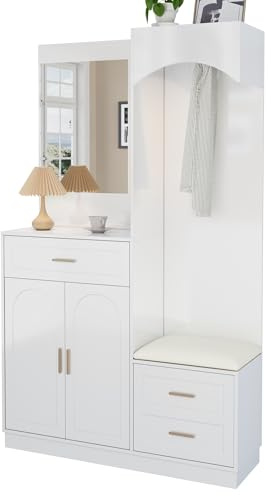 muenfly Ensemble de garde-robe compacte, garde-robe de couloir avec miroir, banc à chaussures, tiroir et armoire à chaussures, armoire à chaussures, armoire de couloir, ensemble moderne, meuble de