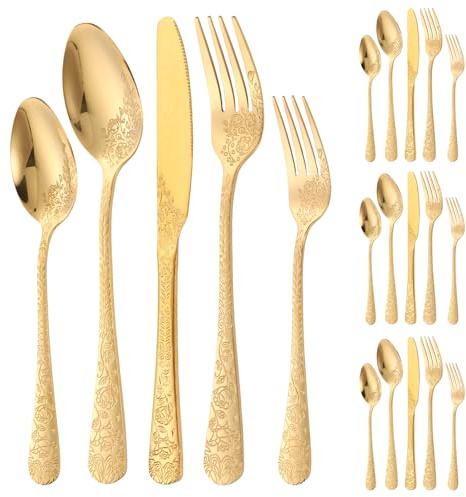 20 Pieces Floral Silverware Set Including Knife Fork Spoon, Stainless Steel Flatware Set with Retro Rose Carving Design Mirror Polished Utensil Kit for Kitchen, Service for 4 People(Gold)