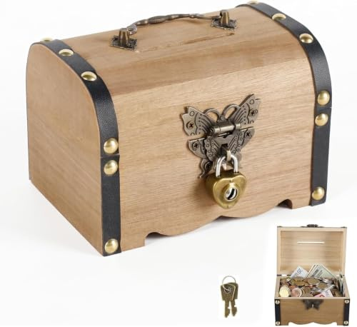 Dexpally Coffre au Trésor Vintage en Bois avec Serrure 14.5x10x10cm Boîte à Bijoux, Boîte de Rangement, Accessoires Escape Game pour Stockage et Décoration