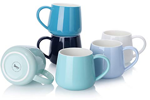 Sweese Porcelain Coffee Mugs Set of 6, 12 Ounce Coffee Cups with Handle for Coffee, Tea, Cocoa, Blue Assorted Colors Coffee Mugs with Modern Design for Great Gift Option, Microwave Safe