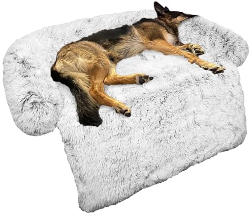 Calming Dog Bed Fluffy Plush Dog Mat for Furniture Protector with Removable Washable Cover for Large Medium Small Dogs and Cats (Large, Light Grey)