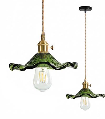 Lámpara de Techo Industrial Vintage, E27 Lámpara Colgante de Cristal Vintage, Colgante de luz con Portalámparas de Latón Para Dormitorio Restaurante Sala de Estar (Verde)