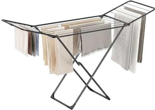 SONGMICS Clothes Drying Rack, Metal Laundry Drying Rack, Foldable, Space-Saving, Free-Standing Airer, with 2 Gullwings, Indoor Outdoor Use, Bed Linen Clothing, Black ULLR540B01