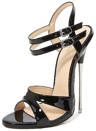 YGJKLIS Sandales à talon haut à bout ouvert pour femme - Avec deux sangles - 16 cm - Escarpins à bout pointu, Noir , 44 EU