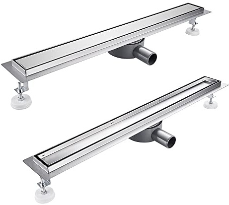 Kasloglow Duschränna 50 cm komplett set, rostfritt stål dräneringsbar, extra platt kakelbar duschränna med hårsil, luktstopp och 360° vridbar sifon – längd 50–120 cm för golvnivåduschar