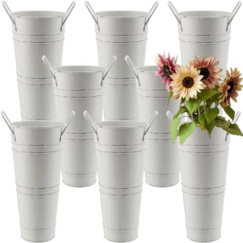 DAKFOOK 8 Pack Galvanized Metal Flower Vases, Top.D:11cm x H:23cm Beige Farmhouse French Bucket with Handles, Galvanised Vase Rustic Metal Flower Bucket for Wedding Table Centerpiece Decorations