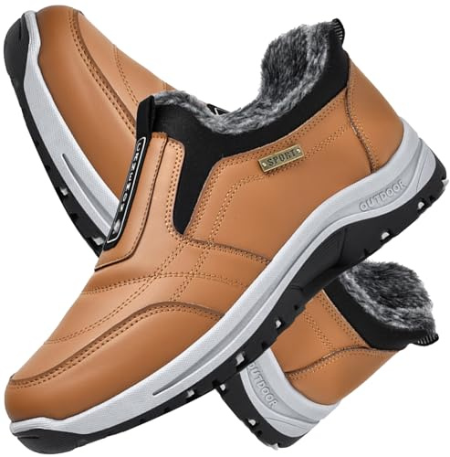 Chaussures de randonnée à Enfiler pour Homme Hiver Doublée De Fourrure Chaud en Cuir Casual Flat Sneakers Casual Mocassins Sneakers Respirant et léger,Marron,43/265mm