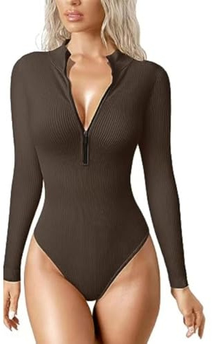 HSAJS Body Mujer Manga Larga Cuello en Alto Bodysuit Tops Sexy Elegante Slim Fit Básico Leotardo Top con Cremallera Casual Bodycon Jumpsuit