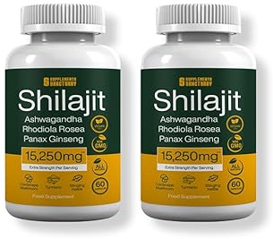 Shilajit, Ashwagandha, Rhodiola Rosea, Ginseng, Cordyceps Mushroom, Ginkgo Biloba, Nettle, Turmeric- 15,520mg per Serving- 60-180 Vegan Capsules - 60 Servings per tub (2)