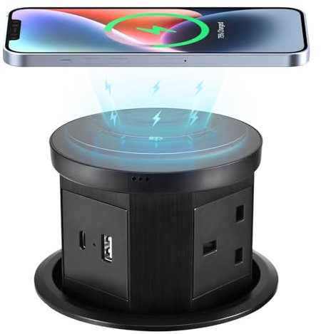 Pop up Socket, Pop up Power Socket with 15W Wireless Fast Charger, Safe Touchscreen Automatic Pop up Extension Socket with USB & Type C Port for Home Office Kitchen Worktops Desktop, Black