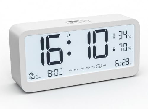 PASIVOLE Sveglia Digitale Alimentata Batteria con Data | Temperatura Interna | Umidità | Display LCD | Doppio allarme | Snooze e Retroilluminazione Orologio da Tavolo Piccolo (Bianco)