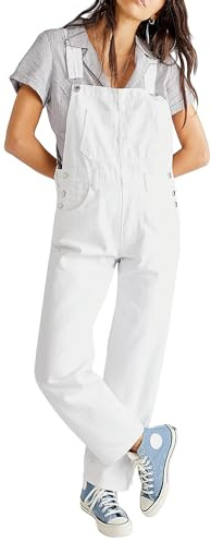 YILEEGOO Denim Jumpsuits for Women Straight Leg Stretch Jeans Dungarees Bib Overalls Regular Fit with Adjustable Straps (White, M)
