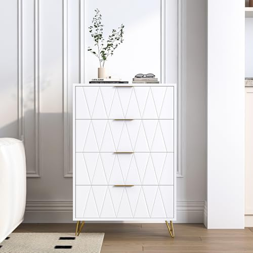 KEFSR Armario blanco de 4 cajones con mango de metal, cómoda con patrón de textura de diamante con patas doradas, cómoda de almacenamiento de madera para entrada, decoración de sala de estar (blanco,