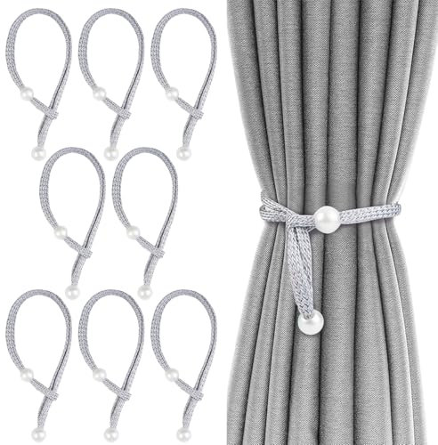 8 Pezzi Sencillo Gris Lazos de Cortina,43.5cm Perlas Grises Tiebacks de Cortina,Correa de Cortina Decorados con Perlas,PráCticas y Bonitas,para el Hogar,Dormitorio,Oficina,DecoracióN de Cortinas