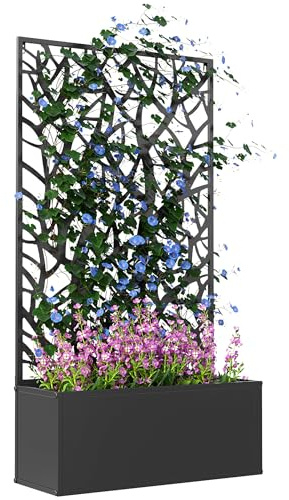 Outsunny Metal Garden Bed with Trellis, Wall Mounted or Freestanding Raised Planter with Privacy Panel, Two Big Trees Cut-out Privacy Screen with Planter Box for Climbing Plants, Flowers, Vegetables