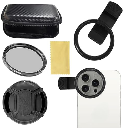 52mm Filtro CPL Universal, Filtro Polarizador Circular para Smartphones, Handykamera CPL Filter Objektivset, con Tapa de Lente, Roscado Clip, Paño de Limpieza y Caja de Almacenamiento