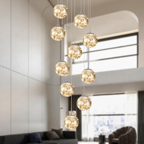 Warmiehomy Staircase LED Chandelier,Dimmable Long Chandeliers for High Ceilings 10 Glass Balls,Modern Staircase Chandelier for Villa Living Room Foyer,50W,850LM(Gray)
