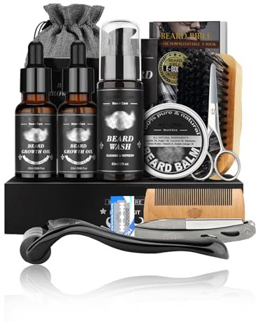 Kit Barbe Homme,Soin Barbe Homme,Kit De Barba Para Hombre 12 En 1,Set Completo Con Roller Barbe,Huile Barbe Homme,Tijeras,Peigne Barbe,Brosse A Barbe Homme,Rasoir Barbe Homme Y 10 Cuchillas