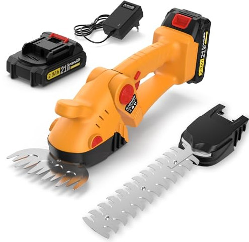 SundpeyPRO Cortasetos Bateria 2 en 1, 21V Cortasetos Eléctricos con Batería 2 Ah y Cargador, 1300rpm Tijeras Cortacésped con 2 Cuchillas 13cm/20cm, para Jardín, Cortar Césped, Podar Arbustos y Setos