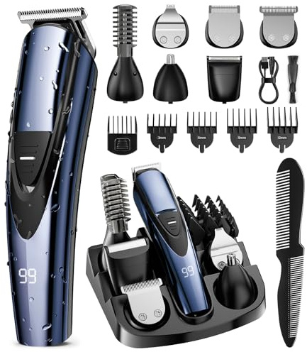 SHPAVVER Beard Trimmer for Men: Professional Barber Hair Clippers - 12-in-1 Cordless Grooming Kit - Waterproof Electric Razor with Turbo Speed & Precision Blades, Blue