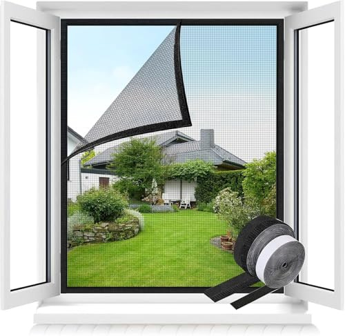 MLEJU Mosquitera para Ventanas,120x130cm,Versión Mejorada con Innovadora Fijación de Gancho y Bucle,Malla Autoadhesiva de Fibra de Vidrio, Anti Insectos,Cortable, Instalación DIY - Negro