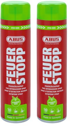 ABUS Feuerlöschspray Feuerstopp AFS625 fluorfrei - 2er Set - handlicher Feuerlöscher gegen Entstehungsbrände der Brandklassen 5A und 5F - lange Haltbarkeit - für Haushalt, Küche, Camper und Grill