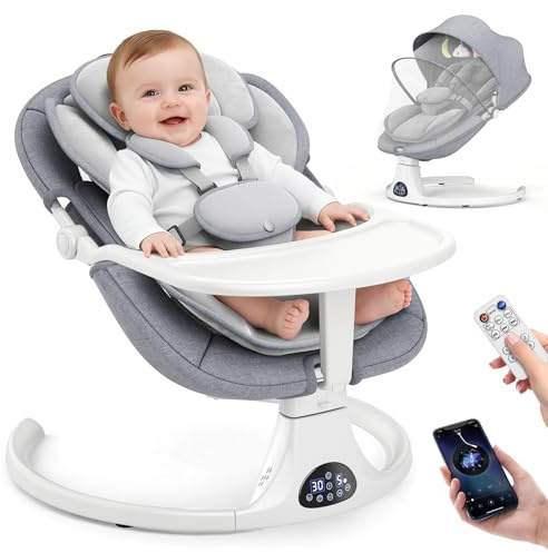 Electric Baby Swing with Tray, Baby Bouncer with Remote Control, 5 Swing Speeds & 3-Stage Timers, 12 Music Built-in，Bluetooth Music & USB, 3-Position Adjustable Backrest, 3 Power Supply Modes-Grey