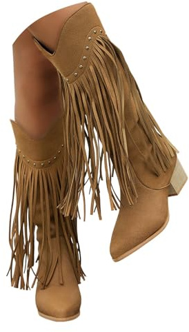 Botas vaqueras con flecos para mujer, botas altas hasta la rodilla, con borlas, puntera puntiaguda, retro, remache con flecos, sin cordones, anchas, a media pantorrilla, botas vaqueras, Khaki, 36.5 EU