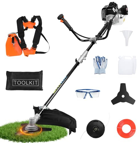 Débroussailleuse Thermique 2 Temps 52cc Essence, Coupe-Bordures Professionnel avec Lame 3 Dents et Tête à Fil, Harnais d'Épaule, Lunettes de Protection, Gants, Kit Complet