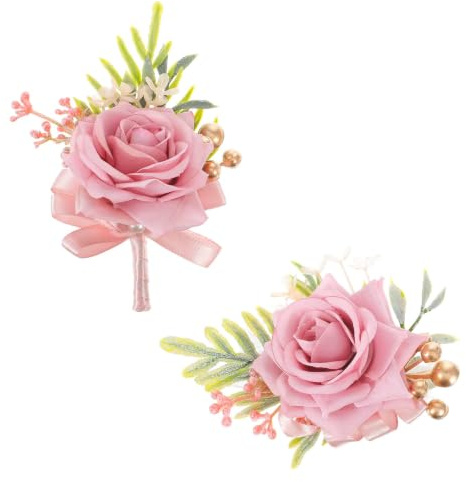 2 Pcs Prom Corsage Wrist, Corsage and Boutonniere Set (Pink), Boutonniere | Artificial Rose Flower, for Bride Groom Bridesmaids Groomsmen, for Wedding Homecoming, and Wrist Corsages