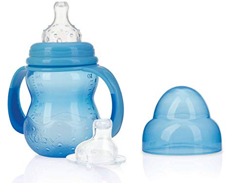 Nuby ID1107BLUE Nûby - Learn-to-Drink Cup with 2 Attachments - Non Drip Teat and No-Spill Drinking Spout - 240 ml - 0 M+, Blue