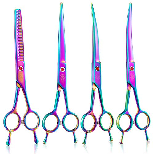 Moontay 7 Dog Grooming Scissors Set, Reversible Trimming Thinning Chunkers, Curved, Straight Cat Pet Grooming Shears with Safety Rounded Tip for Grooming Full Body (Multi-Colored)
