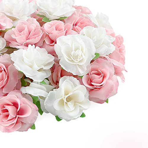 Kesote 50Pcs Artificial Flowers Realistic Fake Flower Rose Heads for Wedding Party Album Decoration & Garden Decoration Cake Top Decor DIY Craft Project - Pink & White