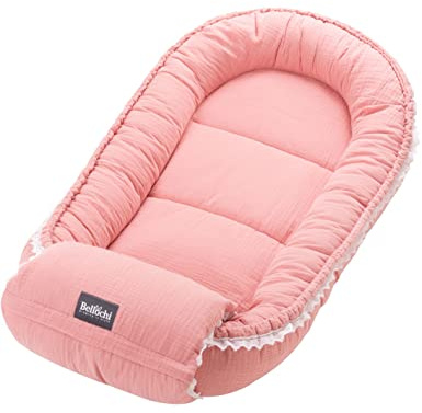 Bellochi Riduttore Lettino per Neonato Riduttore per Culla con Cuscino per Braccio - Mussola - Cuscino Riduttore Cocoon a Baby - Baby Nest - 90 x 60 cm - Cuddly Muslin Pink