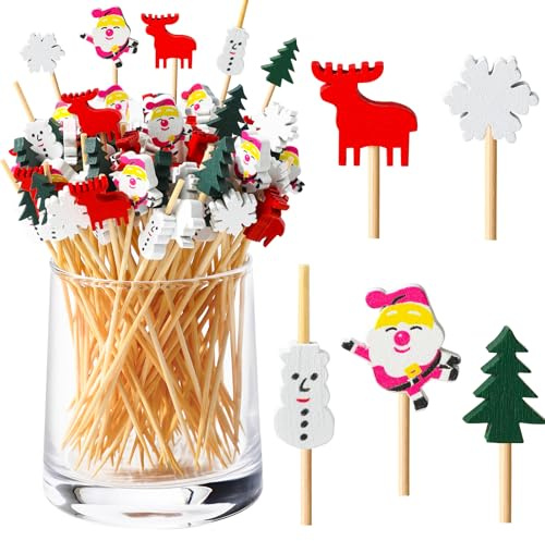 Bekeify Navidad Palillos de Cóctel 200 Pzas Brochetas de Frutas 12cm palitos de Cóctel de Madera Brochetas para Picoteos Palillos de Frutas Decorativos Papá Noel Reno Copo de Nieve Christmas Pinchos