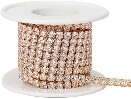 YoungJewl 1 Yards Zircon Rhinestones Close Chain Round Beaded Trim for Sewing Craft DIY Decoration（4X4MM Golden Clear）