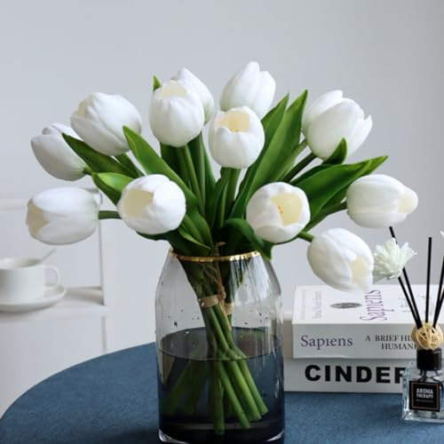Buart Vit och grön tulpanblommor konstgjord lyxig stor tulpan alla hjärtans dag mors dag påsk hem kök bröllopsdekorationer (11 st)