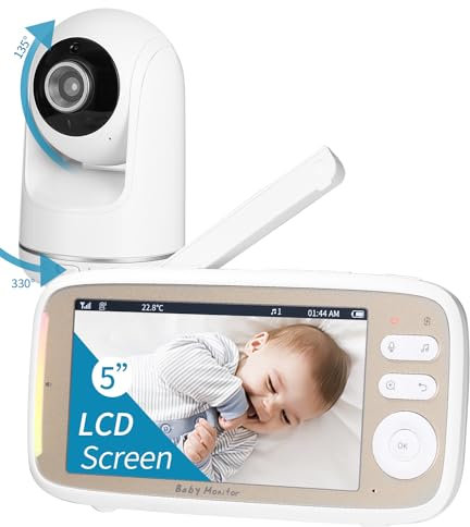 Zawaer Babyphone, Babyphone Mit Kamera 5'' 720P HD, Video Baby Monitor Kamera Und Audio Babyphone Mit Vox Funktion, PTZ 330°/135°, 3×Zoom, 2,4 Ghz Gegensprechfunktion, Nachtsicht,Temperaturüberwachung