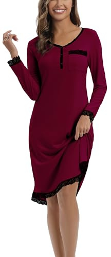 Yukiuiny Chemises de Nuit Femme Coton Dentelle Nuisette Robe de Nuit Longue T Shirt de Nuit Pyjama Casual Col V Sexy Maternité Allaitement Top Confortable Bordeaux*Longue XXL