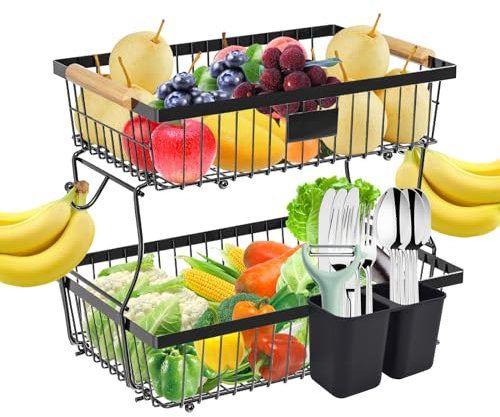 Yiomxhi Obst Etagere 2 Stöckig, Obstkorb mit 2 Bananenhaltern für Arbeitsplatte Küche Aufbewahrung, Obstschale Metall Obstetagere für Gemüse Brot Snacks, Schwarz