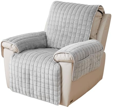 Upgraded Recliner Chair Cover with Pockets, Plush Non Slip Armchair Cover | Super Soft Washable Sofa Slipcover Furniture Protector Cover for Kids and Pets (Grey with Pockets, 53 * 190CM)