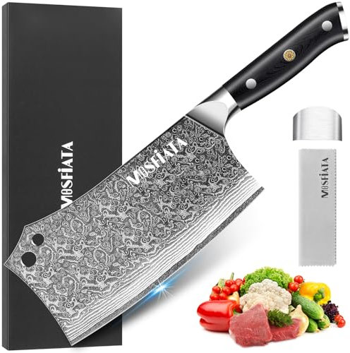 MOSFiATA Damast Hackmesser 7 Zoll, Kochmesser Klassik Chinesches Küchenmesser, Damastmesser Kochmesser aus VG10 Stahl mit Ergonomischem Griff für Küche und Restaurant