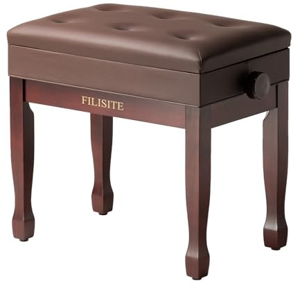 FILISITE Adjustable Height Piano Bench Stool PU Leather Cushion Wooden Keyboard Seat with Music Storage (Brown)