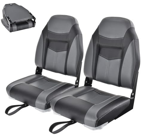 HOMASIS Bootssitz klappbar, gepolsterter Bootsstuhl mit hocher Rückenlehne, wasserdichter Steuerstuhl mit Befestigungsgurt, Steuersitz für Boot, 44,5 x 50 x 60 cm (Schwarz & Grau 2er Set)