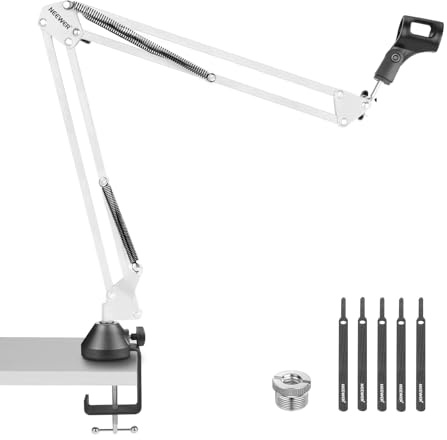 NEEWER Fjädring bomarm sax mikrofonstativ, mikrofonarm skrivbordsstativ med 3/8 tum till 5/8 tum skruv, kabelband kompatibla med Blue Yeti Snowball Yeti X Quadcast, max belastning 1,5 kg, NW-35, vit