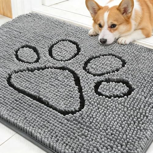 OLANLY Dog Door Mat for Muddy Paws 30x20, Paw Print Design Chenille Mud Mat