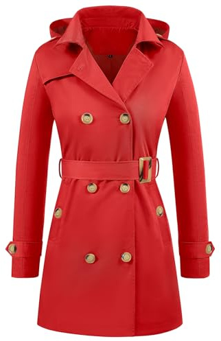 Yuson Girl Trench Donna Doppiopetto Cappotto Classico Trench Impermeabile con Cappuccio Leggero Parka Windbreaker Giacche Primaverile Autunnale Antivento Trenchcoat con Cintura(Rosso, L)