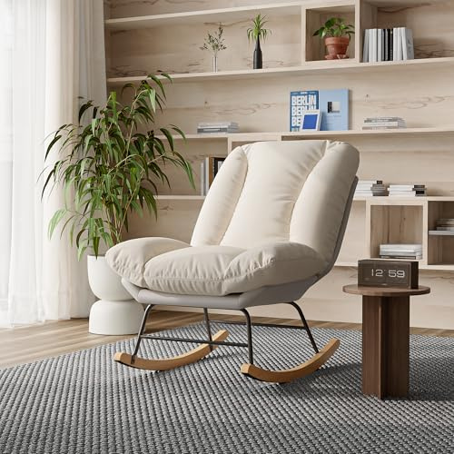 Livlux - Silla mecedora, silla de paseo con reposabrazos, silla de lactancia, patas de madera maciza, para salón, dormitorio, balcón jardín (beige+gris C, 74 x 90 x 99 cm)