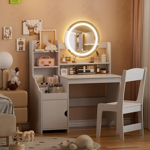 Coiffeuse pour Enfants 2 en 1 Coiffeuse Enfant Fille en Bois avec Miroir LED et Tabouret Moderne Vanity Coiffeuses Petite Fille avec Rangement Dispositif Anti-basculement pour Enfant de 5 Ans+ (Blanc)